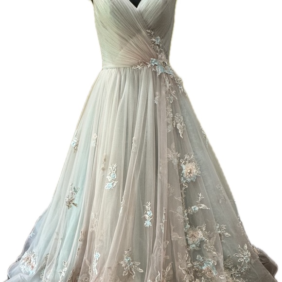 Sherri Hill- Size 10 Aqua Peach floral-appliqued/off-the-shoulder straps. - Picture 3 of 8